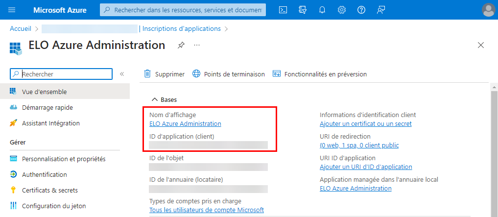 Aperçu de Azure App, les champs 'Nom d'affichage' et 'ID d'application (client)' sont marqués