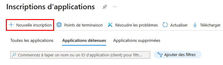 Section 'Enregistrements d'application'; bouton 'Nouvel enregistrement'