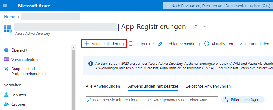 Bereich 'App-Registrierungen'; Button 'Neue Registrierung'