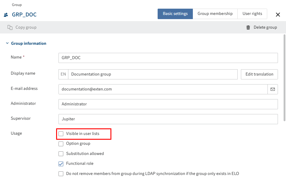 'Visible in user lists' check box in the 'Group information' area