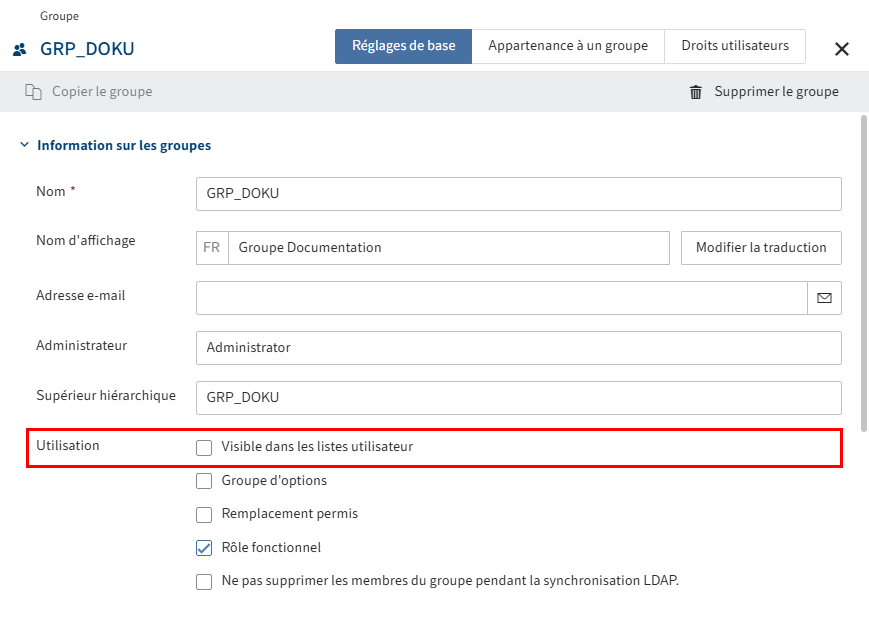 Case à cocher 'Visible dans les listes utilisateur' dans la section 'Information de groupe'