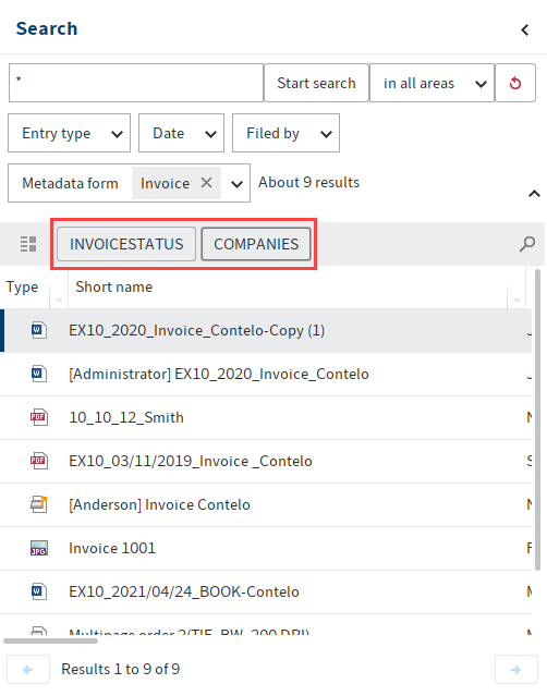 'Search' work area; Toolbar in search result; 'Dashboards' buttons