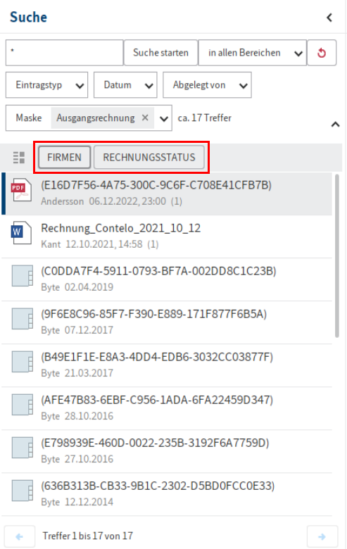 Funktionsbereich 'Suche'; Funktionsleiste im Suchergebnis; Buttons für 'Dashboards'