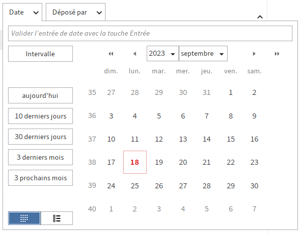 Menu déroulant du filtre 'date'