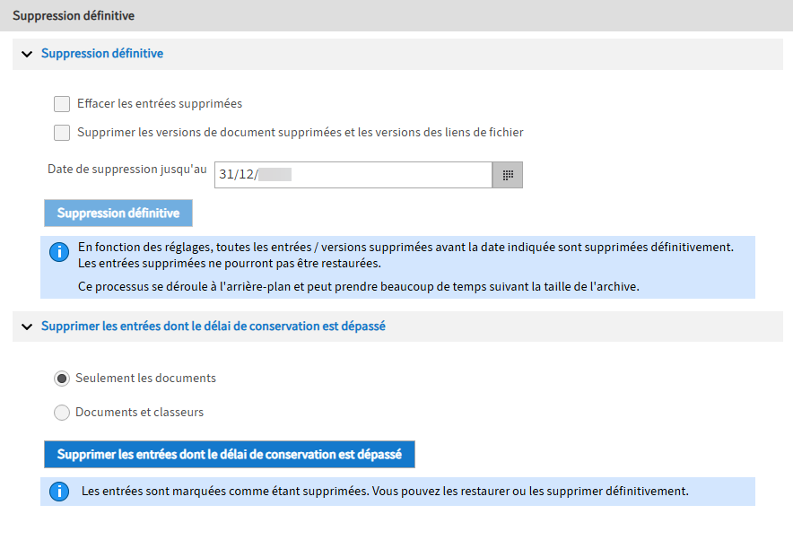 Section 'Supprimer définitivement'