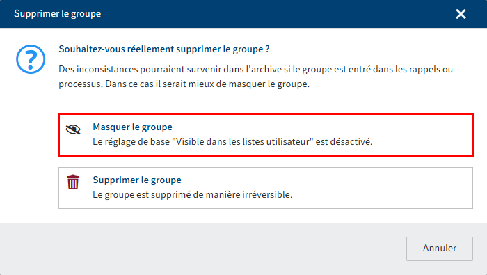 Dialogue 'Supprimer le groupe'