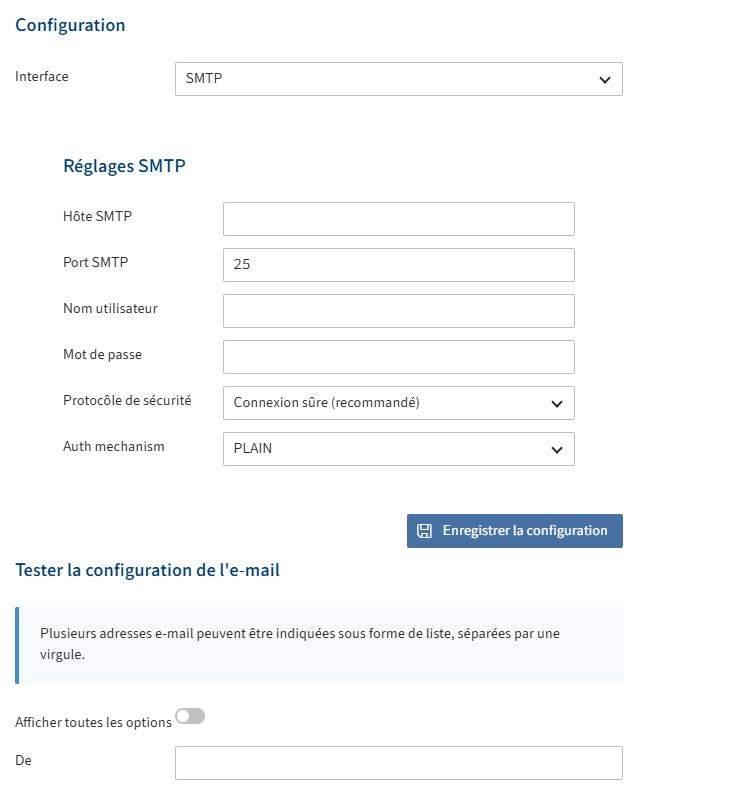 Section 'administration des e-mails'