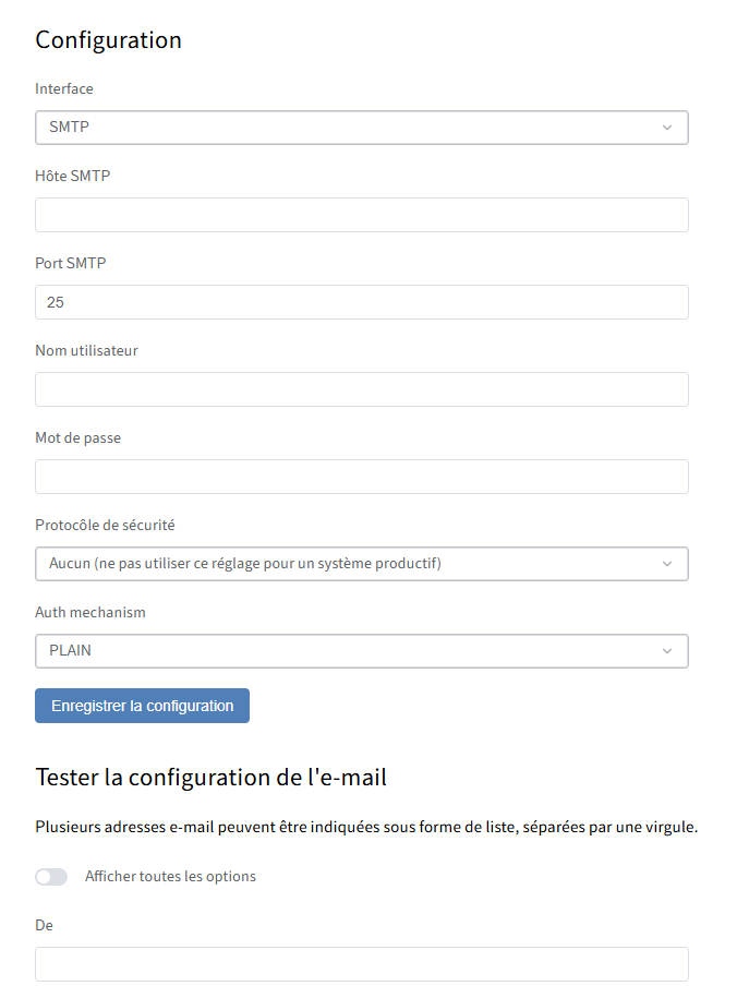 Section 'administration des e-mails'