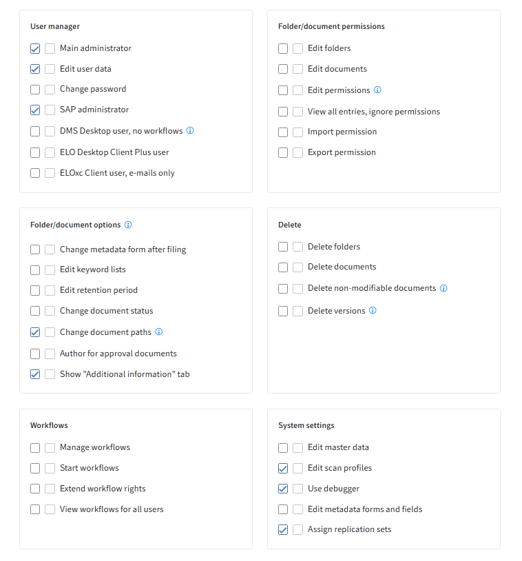 ELO Administration Console, assigning user rights for ELO administrators