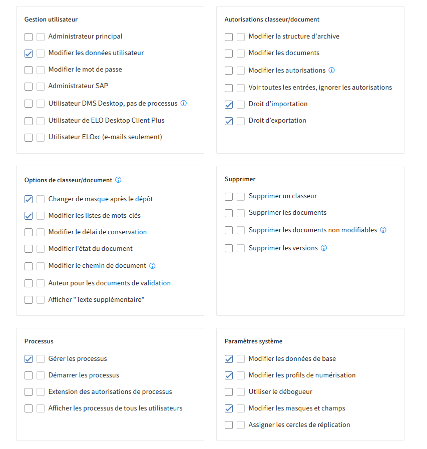 Console d'administration ELO, association des droits utilisateur pour l'administrateur ELO spécialisé.