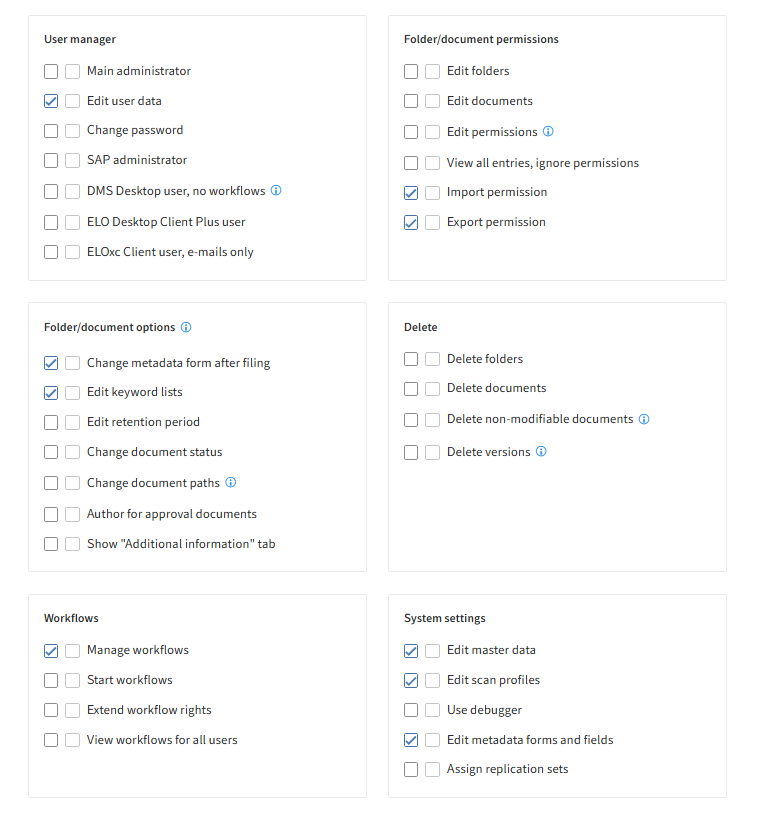 ELO Administration Console, assigning user rights for ELO area administrators