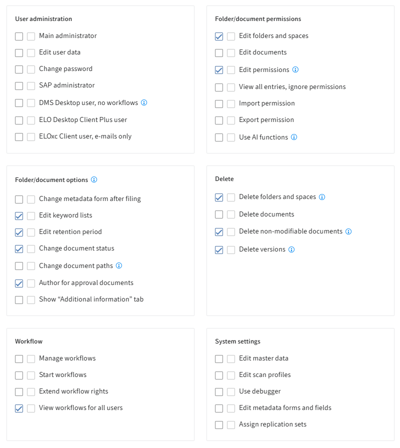 ELO Administration Console, assigning user rights for ELO power users