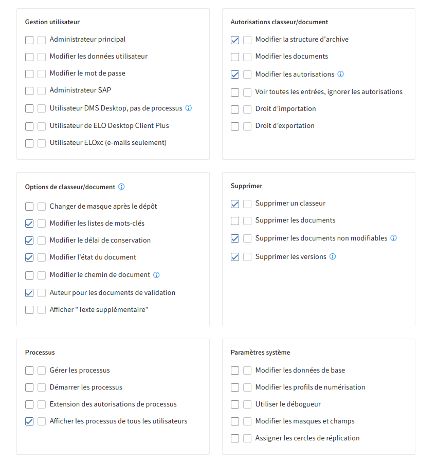 Console d'administration ELO, association des droits utilisateur pour l'utilisateur Power ELO
