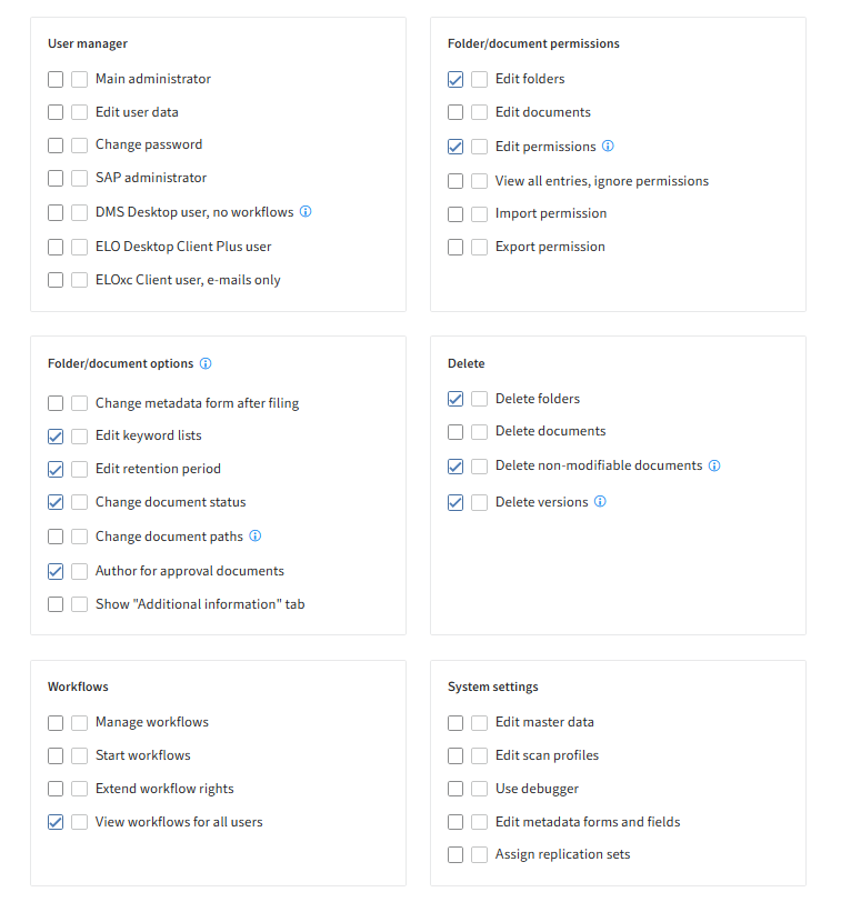 ELO Administration Console, assigning user rights for ELO power users