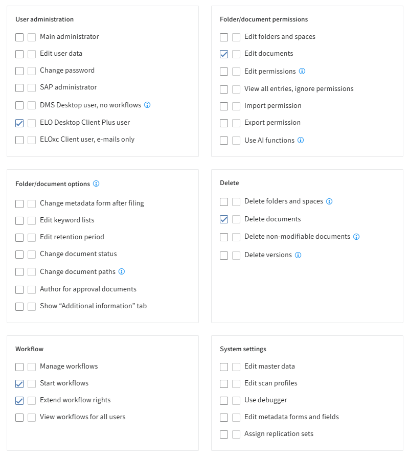 ELO Administration Console, assigning user rights for ELO standard users