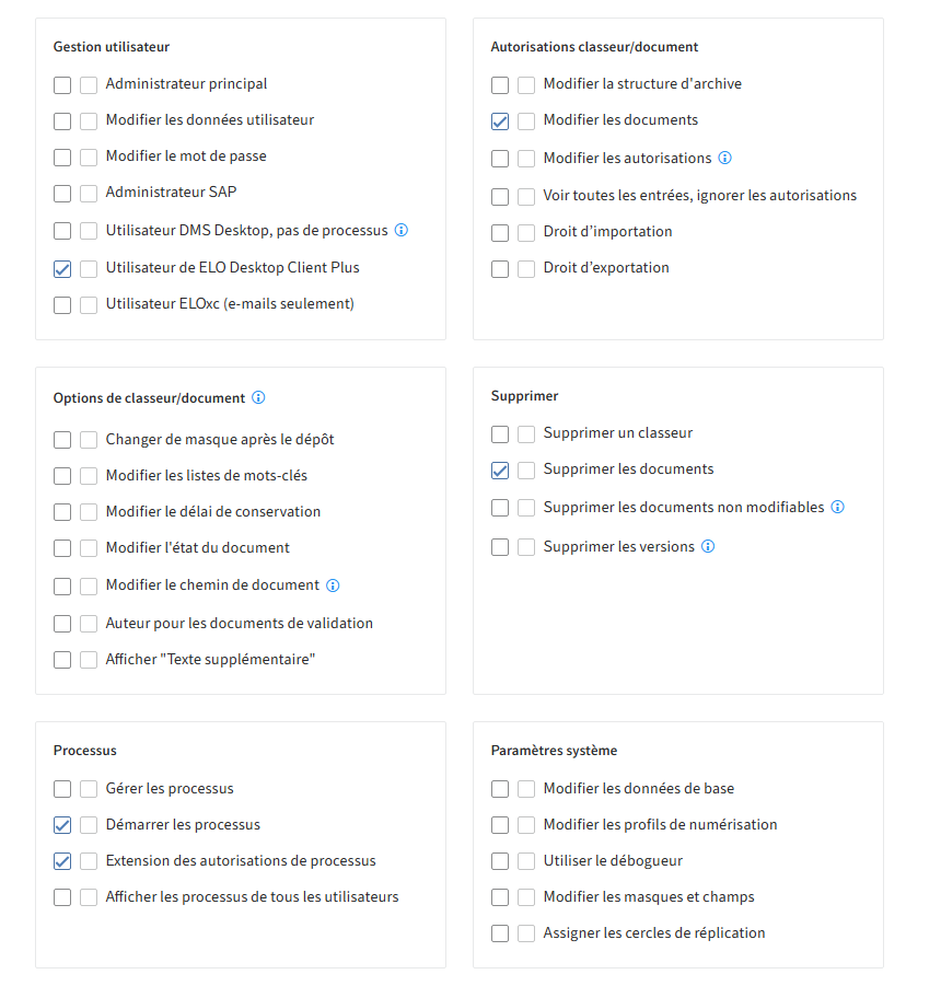 Console d'administration ELO, association des droits utilisateur pour l'utilisateur standard ELO