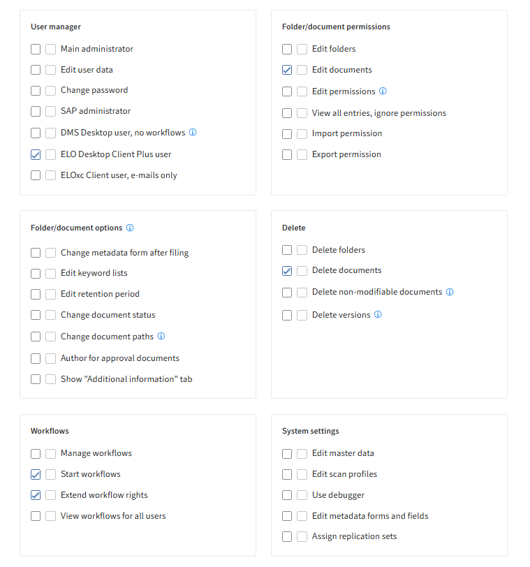 ELO Administration Console, assigning user rights for ELO standard users