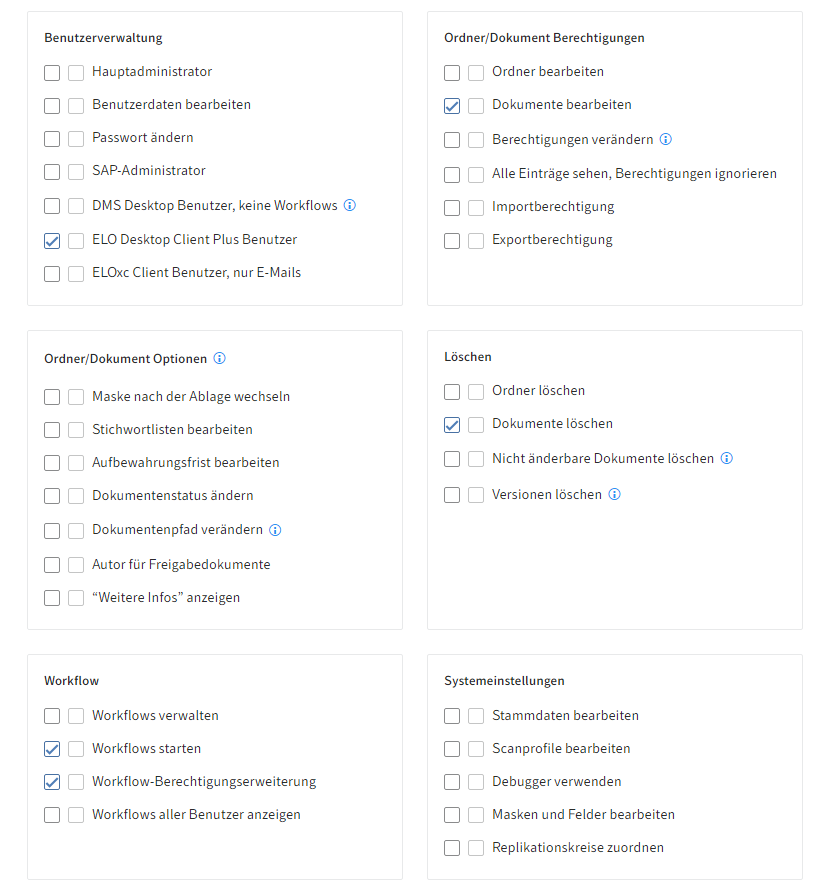 ELO Administration Console, Vergabe der Benutzerrechte für den ELO Standard-User