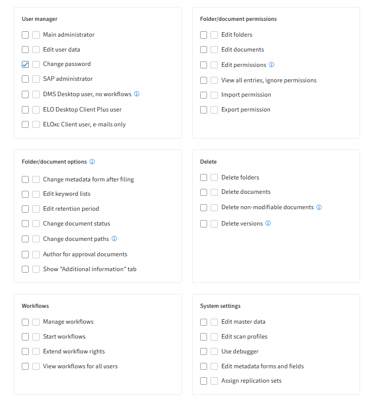 ELO Administration Console, assigning user rights for ELO view users