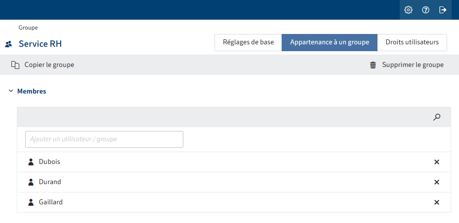 Console d'administration ELO, membres du service 'RH'