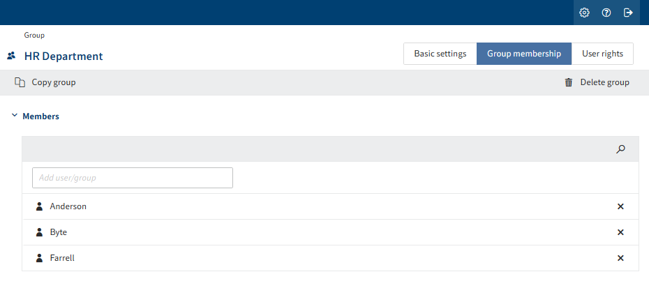 ELO Administration Console, members of the 'HR' department