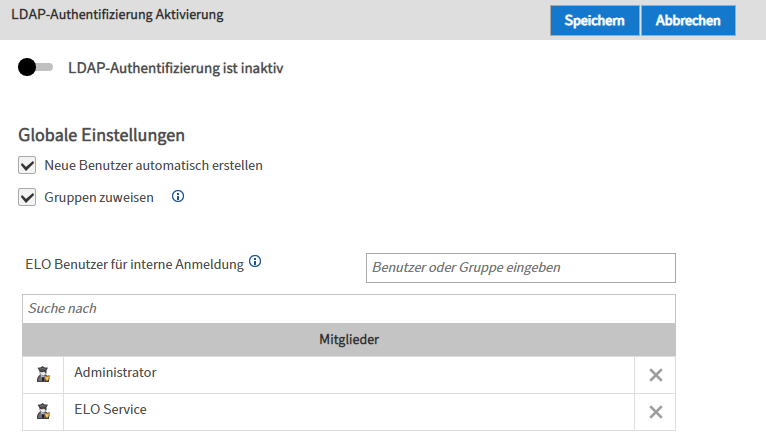 Menüpunkt 'LDAP-Authentifizierung Aktivierung'