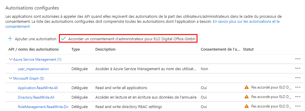 Section 'Autorisations configurées'; bouton pour assigner le consentement de l'administrateur