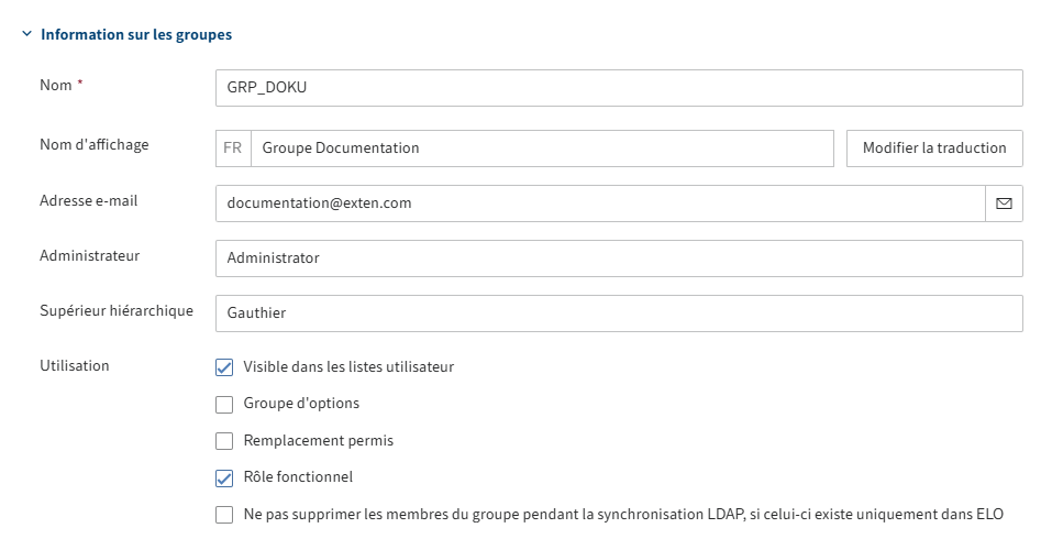 Section 'Information sur les groupes' dans l'onglet 'Réglages de base' pour les groupes