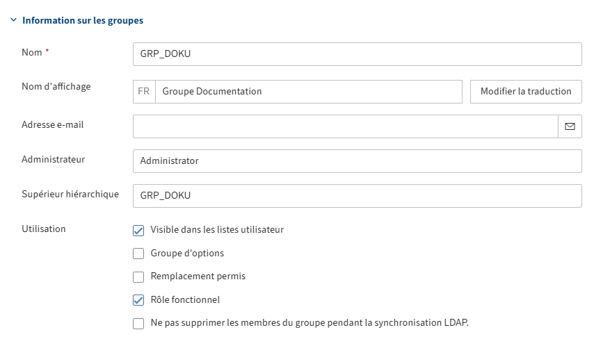Section 'Information sur les groupes' dans l'onglet 'Réglages de base' pour les groupes