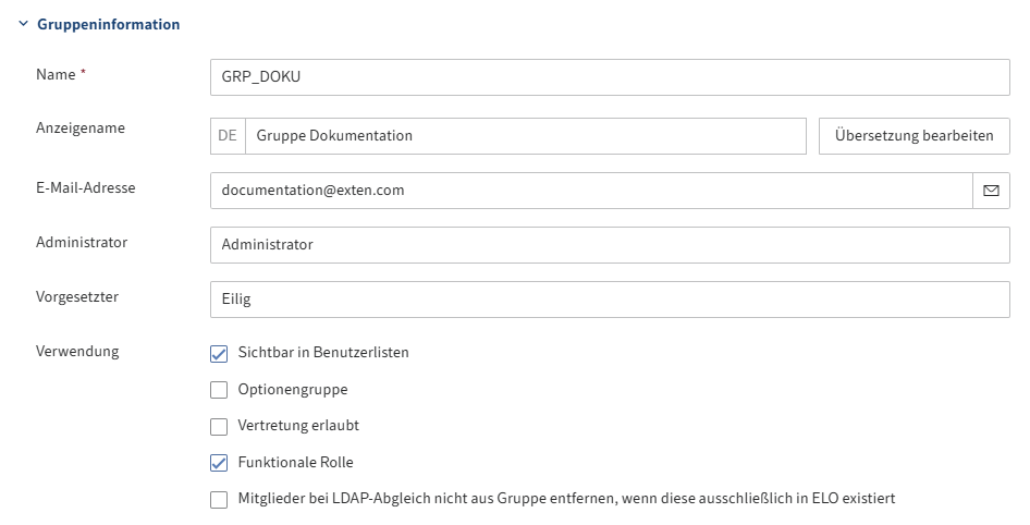 Bereich 'Gruppeninformation' im Tab 'Grundeinstellungen' für Gruppen