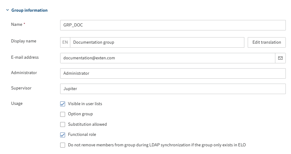 'Group information' area on the 'Basic settings' tab for groups