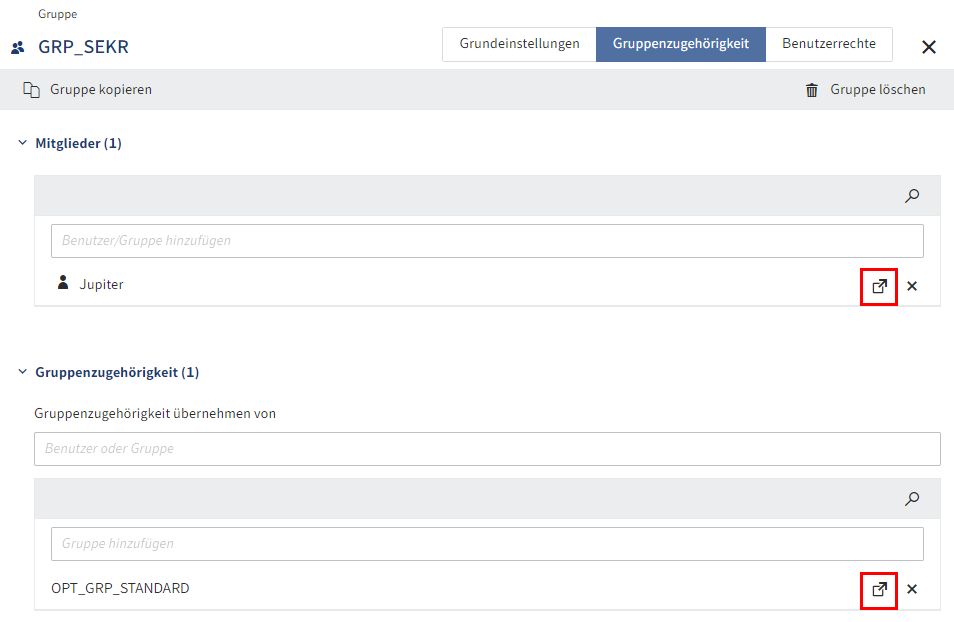Linksymbole im Tab 'Gruppenzugehörigkeit'