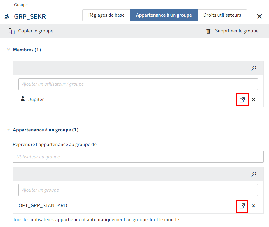 Symbole de liens dans l'onglet 'Appartenance à un groupe'