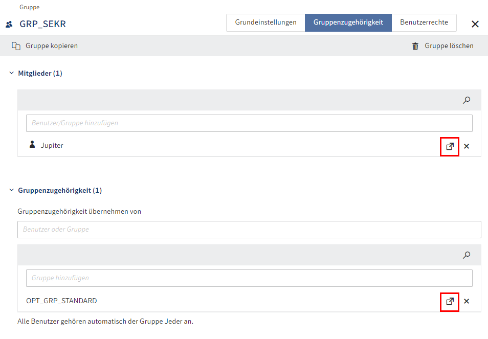 Linksymbole im Tab 'Gruppenzugehörigkeit'