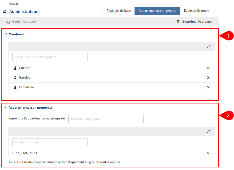 Aperçu des possibilités de configuration dans l'onglet 'Appartenance au groupe'