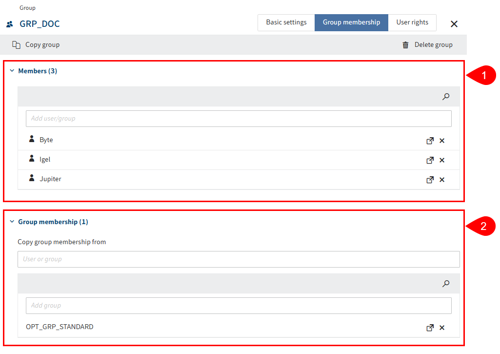 Overview of configuration options in the 'Group membership' tab