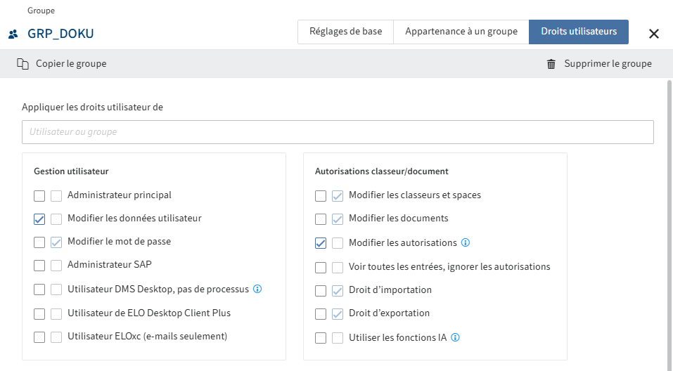 Aperçu des possibilités de configuration dans l'onglet 'Droits utilisateurs'