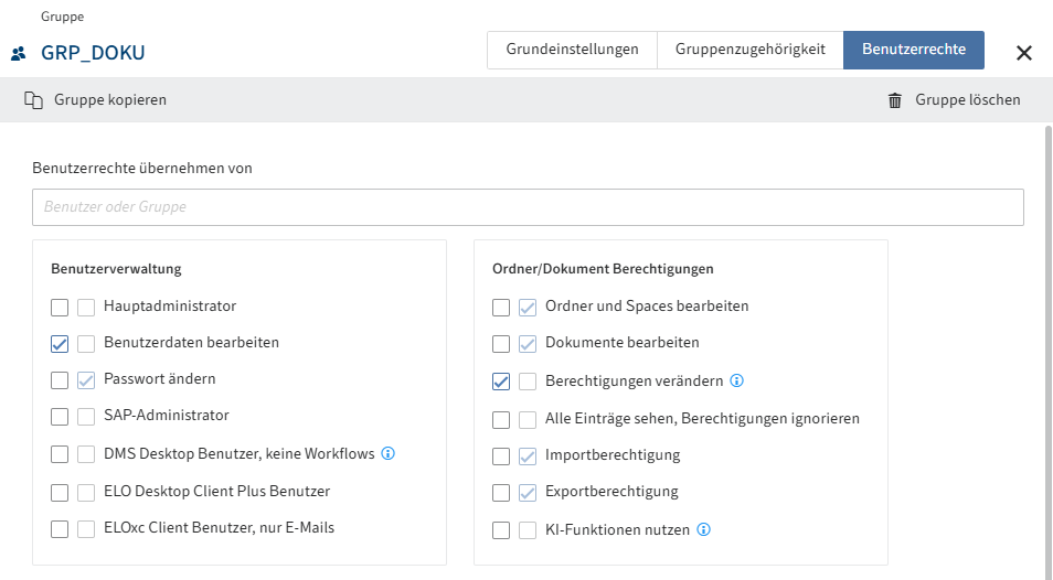 Übersicht der Konfigurationsmöglichkeiten im Tab 'Benutzerrechte'