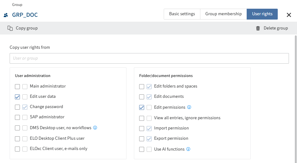 Overview of configuration options in the 'User rights' tab