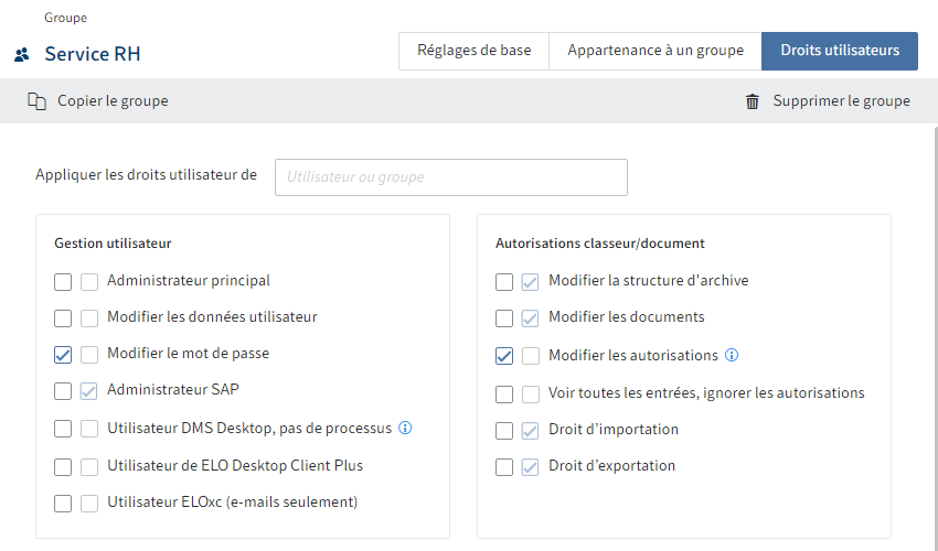 Aperçu des possibilités de configuration dans l'onglet 'Droits utilisateurs'