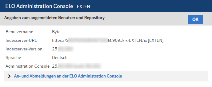 Seite 'Angaben zum angemeldeten Benutzer und Repository'