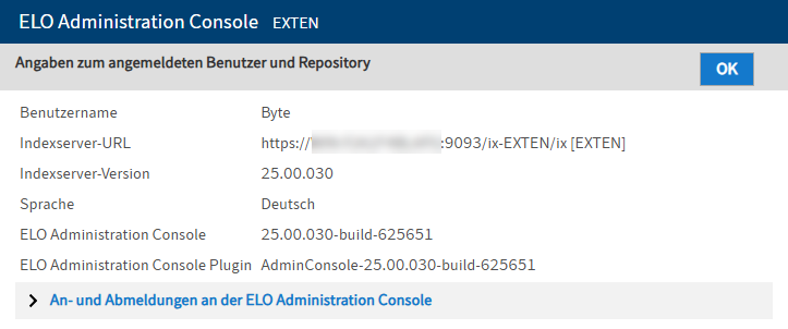 Seite 'Angaben zum angemeldeten Benutzer und Repository'