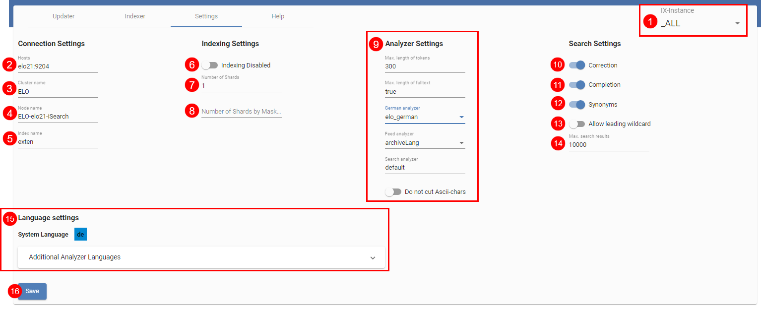 ELO iSearch configuration, ‘Settings' tab, settings for '_ALL'
