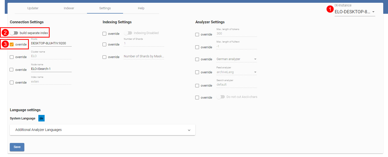 ELO iSearch configuration; ‘Settings' tab; Instance-specific settings