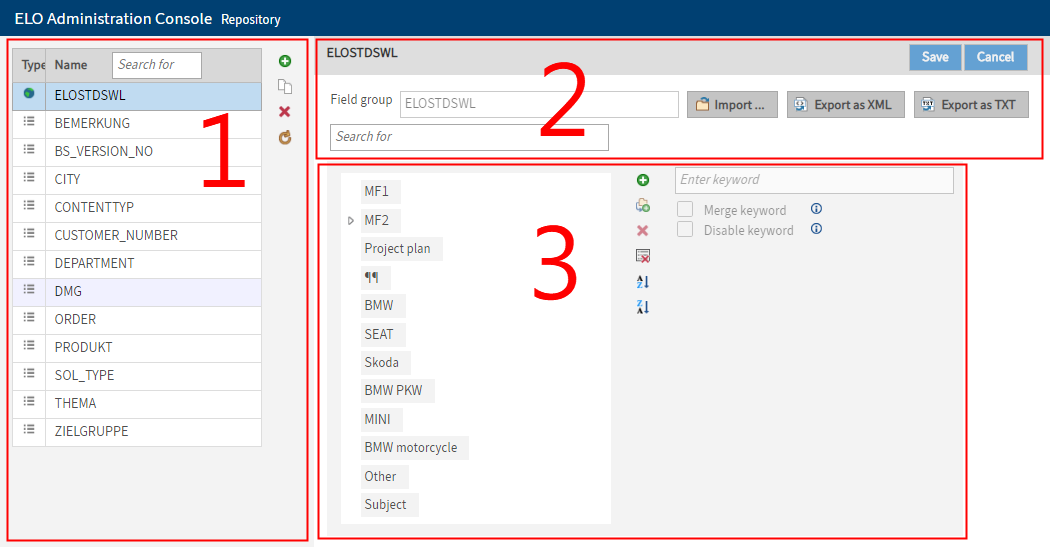 'Keyword lists' area