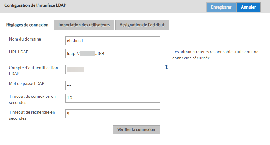 Réglages de connexion pour LDAP