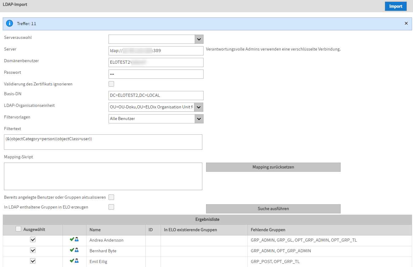 Übersicht des Bereichs 'LDAP-Import' in der ELO Administration Console