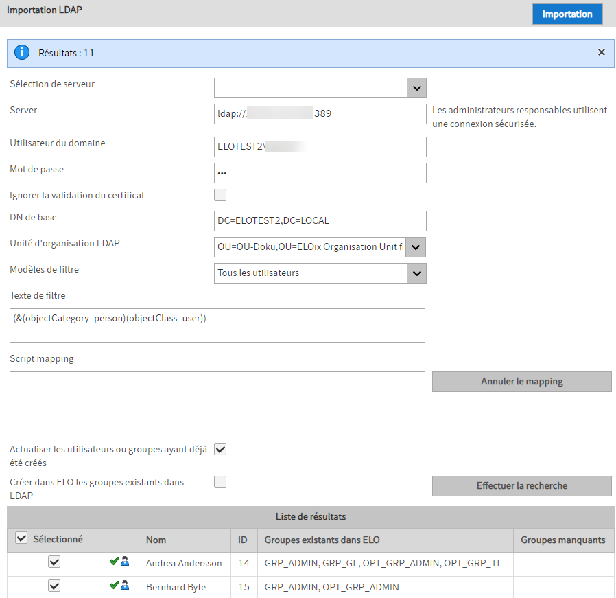 Aperçu de la section 'Importation LDAP' dans la console d'administration ELO