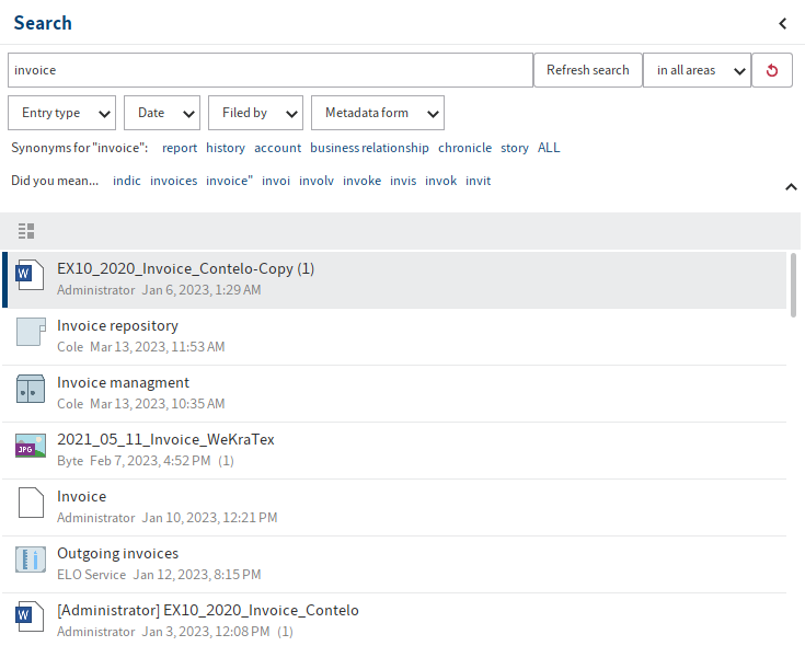 Search result; List view