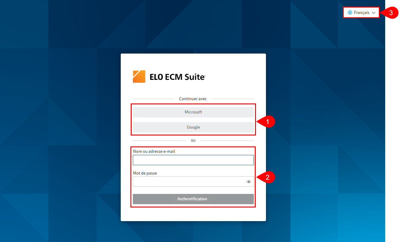 Page d'authentification avec option d'authentification visibles